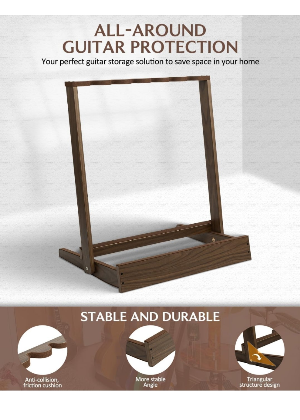 Multiple Guitar Stand, Wooden Folding Guitar Rack for Multiple 3 Acoustic Guitars or 6 Electric Guitar Bass, Padded Floor Guitar Stand for Outing Gigs, Home, Studio, SMT-20-5G
