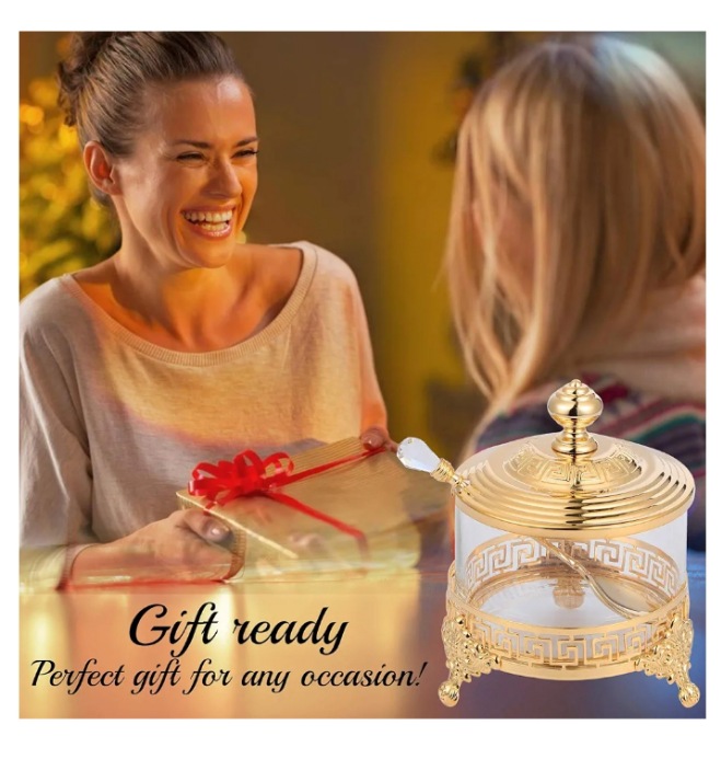 24K Gold Plated Sugar Bowl Honey Dish Candy Dish Glass Bowl - Contemporary Design with Crystal Studded Spoon