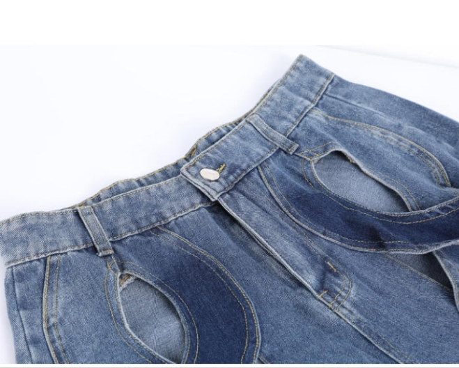 Chic Metal Hollow Out Cable Twist Back Heart Flare Bell Bottom Denim Jeans Pants