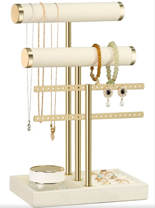 3 Tier Bracelet Holder Display - Detachable T Bar White Velvet Bracelet Holder, Jewelry Holder Organizer for Bracelet, Necklace, Earrings, Rings