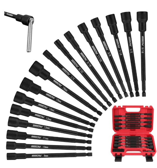 Nut Driver Impact Bit Set - 31-Piece Magnetic Socket Impact Drill Bit Tool Sets Extra Long Hex Nut Setter Driver Holder - Metric SAE Screwdriver Bits 1/4 Drive Shank Adapter Extension