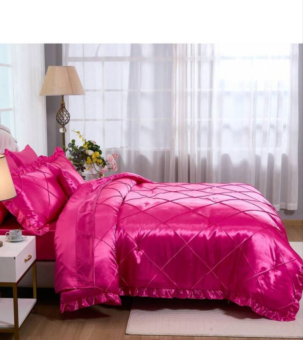 Satin Bed In A Bag 8 Pieces Queen Size Silk Like Hot Pink Comforter Set Luxury Silky Bedding Set Soft Pinch Pleat Comforter Set Cooling Sheet Set