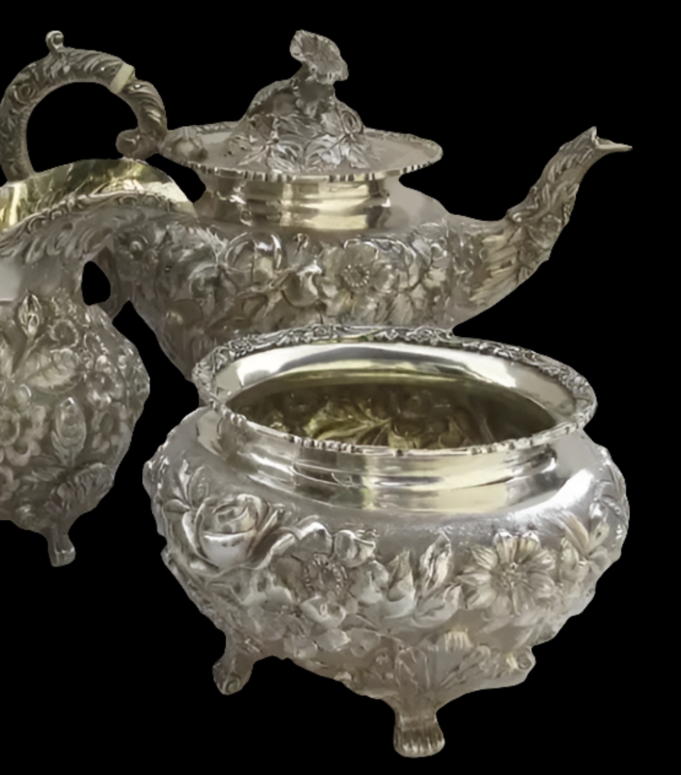 Sterling Silver Tea Coffee Set Repousse Baltimore Rose by Schofield 5 Piece
