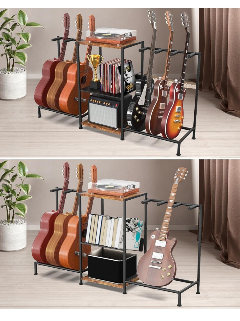 Guitar Stand for Acoustic Multiple Guitars Holder with 3-tier Storage Shelf, Guitars Display Rack Guitar Amp Accessories with Soft-Padded Protect Multi Guitar Stand for Home Studio Music Room