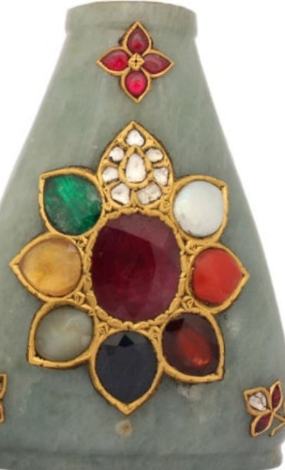 24k Gold Mughal Jadeite Jade Whiskey Flask Encrusted with Nine Gemstones Coral,Diamond,Jade,Blue Sapphire,Yellow Sapphire