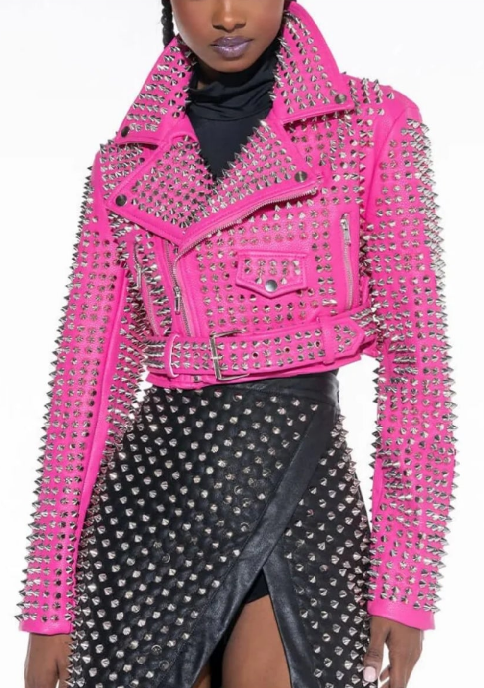 Women's Hot Pink Studded Leather Moto Jacket COCOMONEY