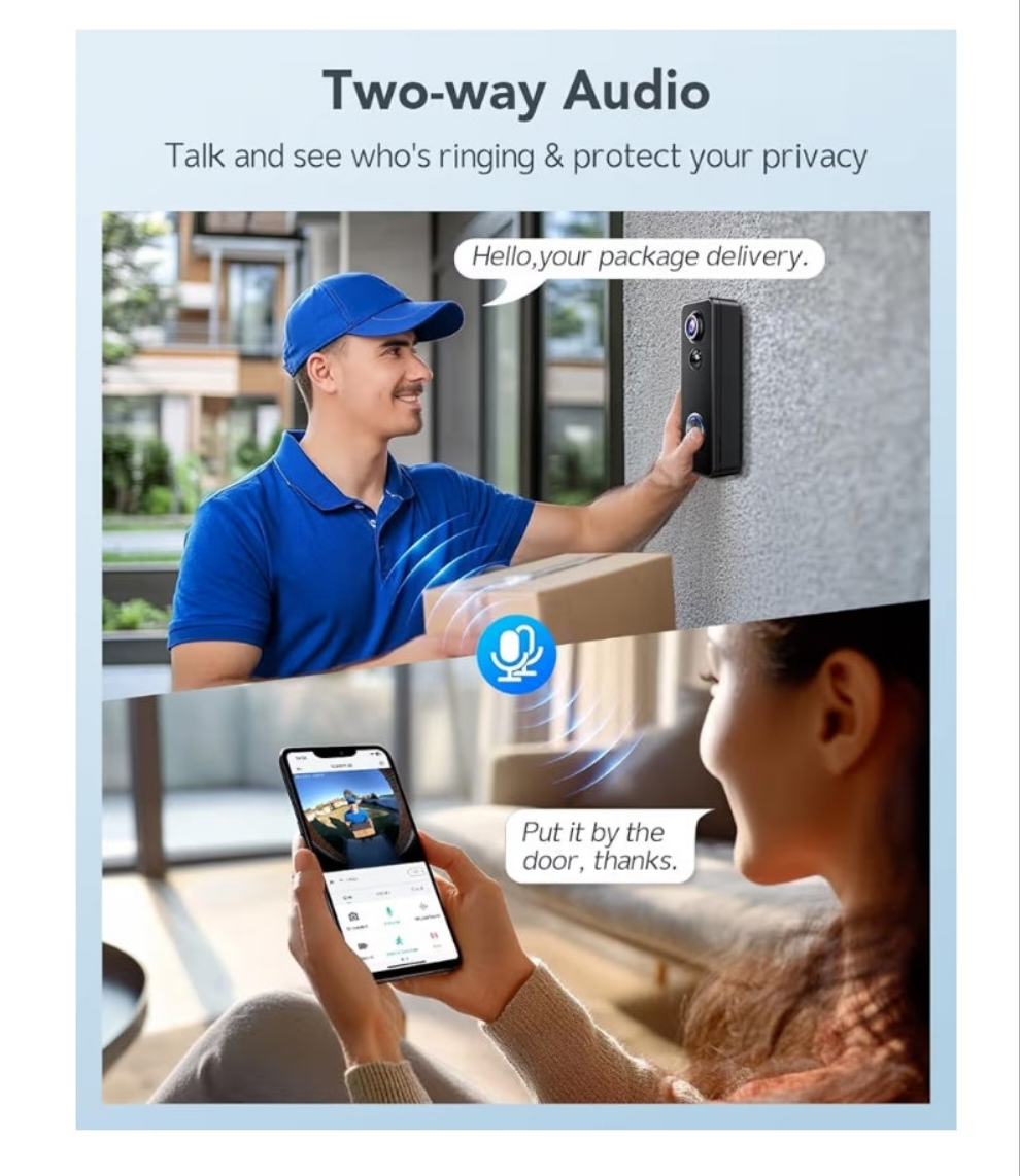 Wireless Video Doorbell Camera, 180° Head-to-Toe Video, Live View with Two-Way Talk, 2.4G Wi-Fi Doorbell Camera with Chime, Local/Cloud Storage, Human Detection, Works with Alexa & Google Home