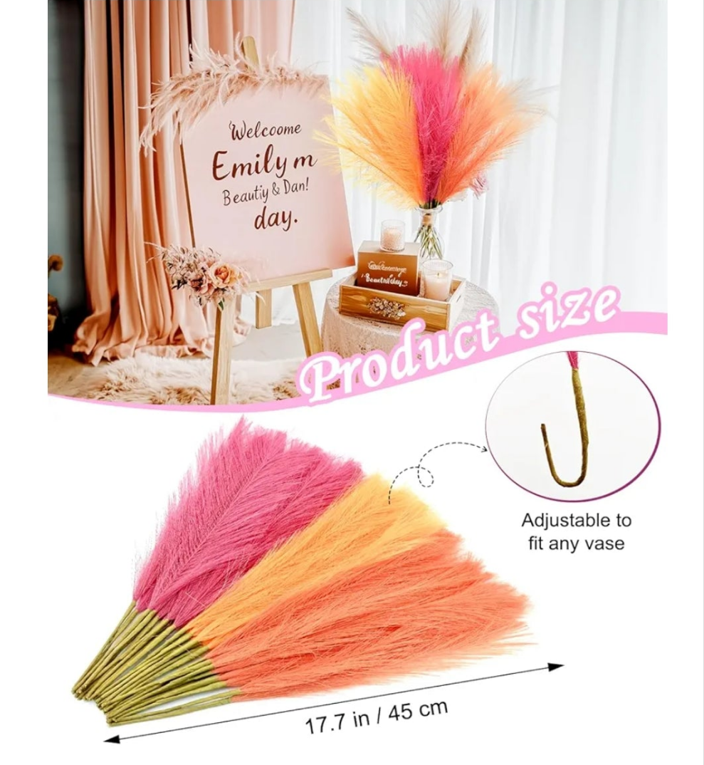 30pcs Faux Pampas Grass Pink Orange Fall Decor, 17.7inch Short Artificial Pompous Grass Fluffy Fake Pompas Branches Vase Filler Flower Arrangement for Home Party Outdoor Wedding Decor