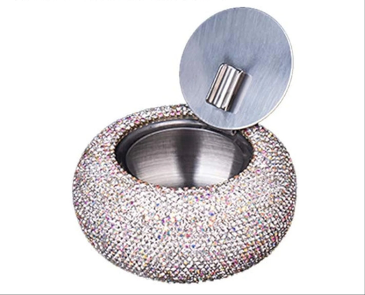 Rhinestone Ashtray with Lid, Flip Top Stainless Steel Tabletop Ashtray for Smokers, Desktop Smoking Ash Holder for Home & Office Decoration (Silver)