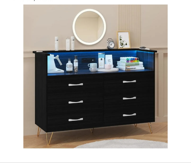 Dresser for Bedroom with LED Light & Power Outet, 6 Drawers Wooden Dressers with 2-Tier Open Space, Modern Chest of Double Wide Drawers for Living Room, Entryway, Hallway TV Stand
