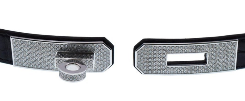 Hermes "KELLY" Diamond Buckle Crocodile belt 18k white gold and diamond