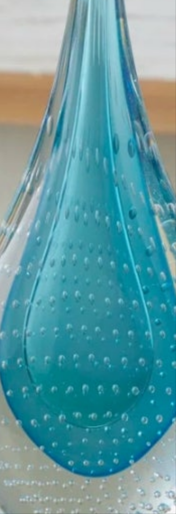 Glass Teardrop Abstract Decorative Blue Sculpture with Clear Bubble Droplets Turquoise