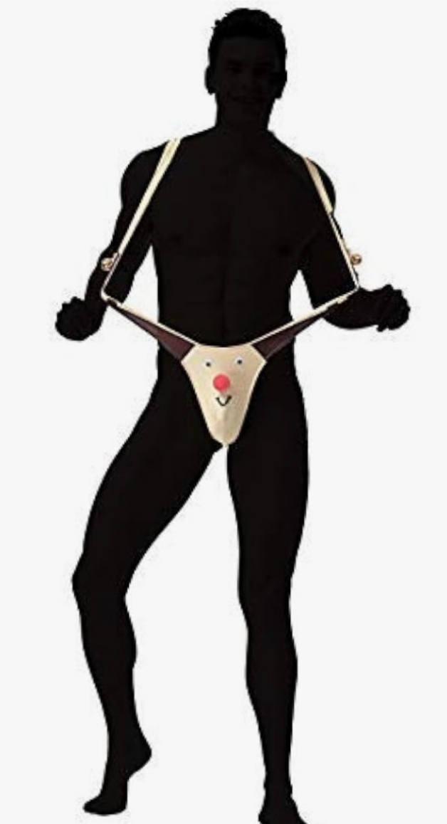 Gag Gift Reindeer Mankini Men Thong Underwear with Bells for White Elephant Exchange Gifts Valentines Day