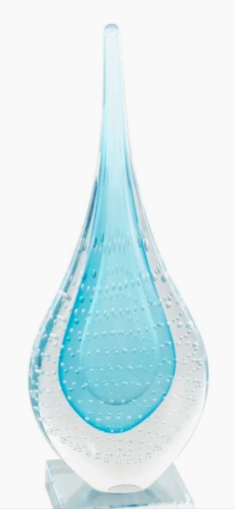 Glass Teardrop Abstract Decorative Blue Sculpture with Clear Bubble Droplets Turquoise