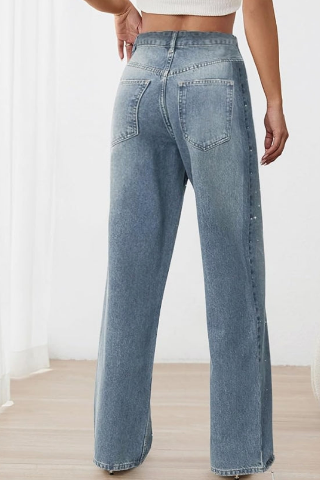 Rhinestone Jeans High Waist Sright Leg Denim Pants Trousers Streetwear
