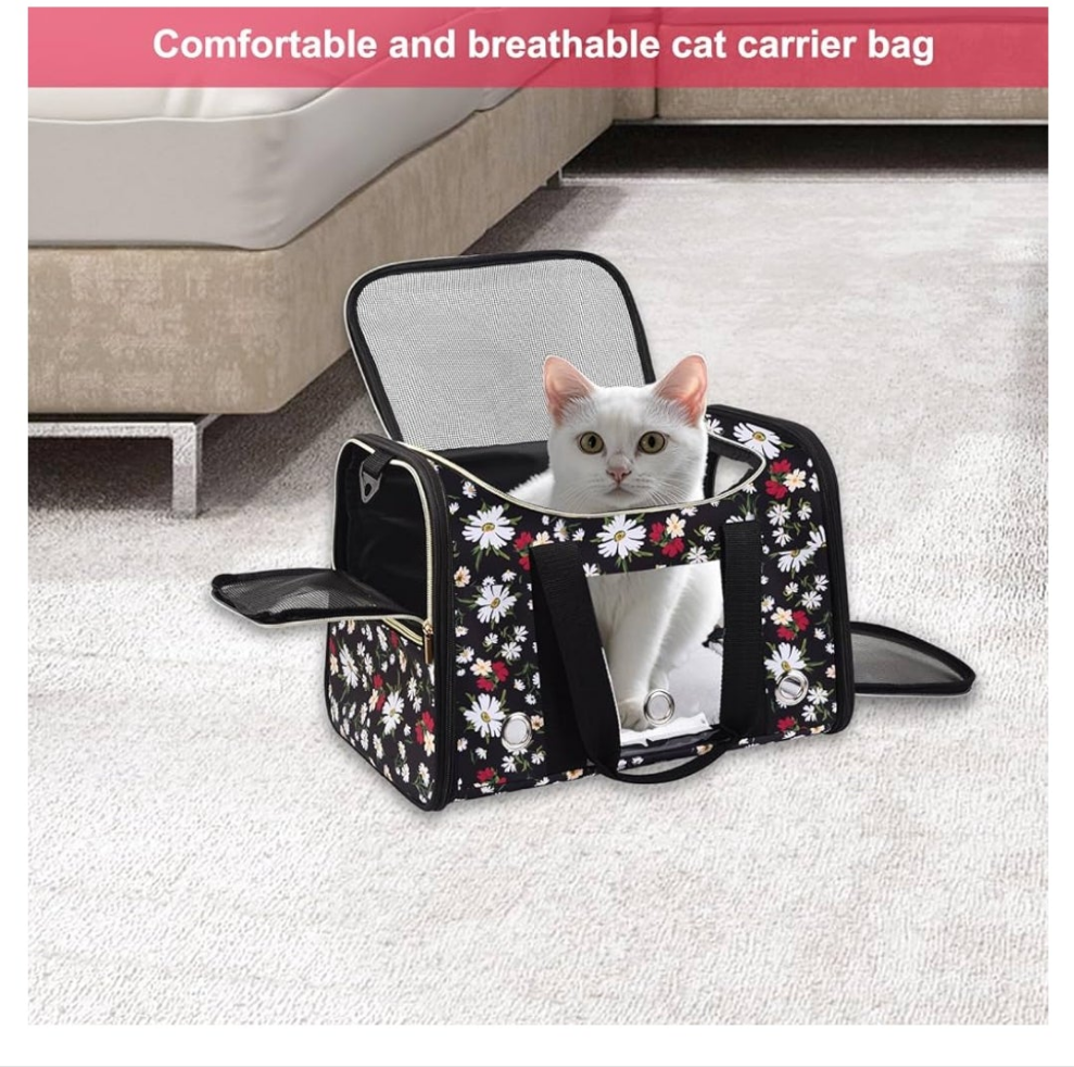 Cat Carrier Dog Carrier, Airline Approved Soft Pet Travel Carrier with 3 Open Doors Mesh Windows for Cats Puppy 16 lbs, White Daisy Medium