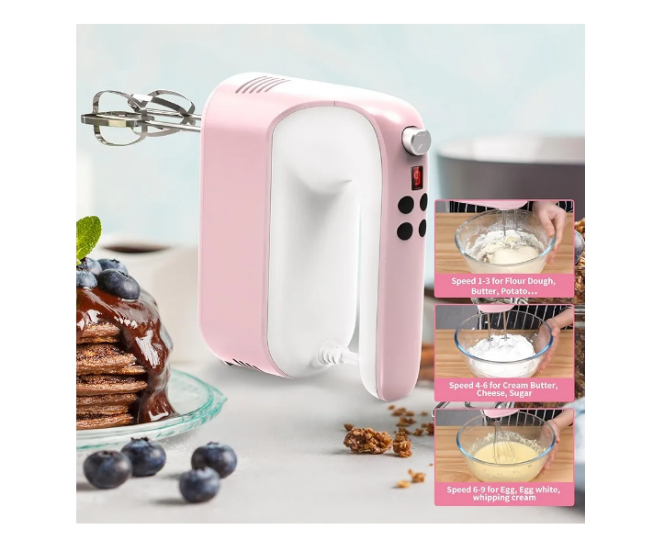 9-Speed Digital Hand Mixer Electric, 400W Powerful DC Motor, Baking Mixer Handheld with Snap-On Storage Case, 5 Stainless Steel Accessories, Flat Beaters, Dough Hooks, Whisk