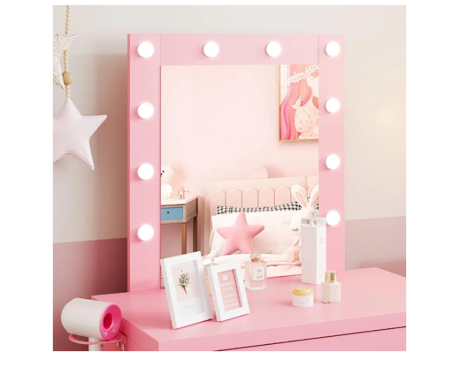 Makeup Vanity Desk with Mirror and Lights, Black Vanity Table and Chair Set, Brightness Adjustable, Small Vanity