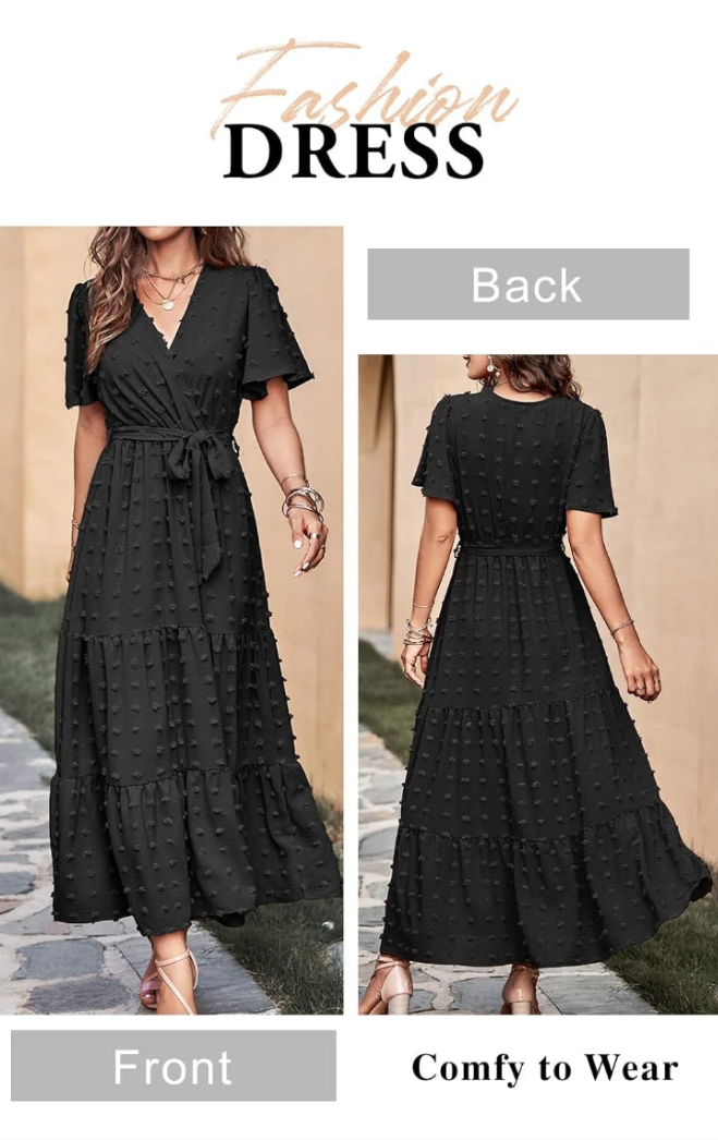 Womens Boho Swiss Dot Maxi Dresses Wrap V Neck Flutter Short Sleeve Solid Tie Belt A Line Tiered Flowy Long Dresses