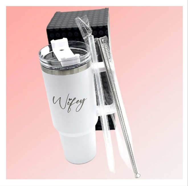 Wifey & Hubby Wedding Gift 40 oz Engraved Tumbler Set Of 2 For couples With Straw & Brush. Christmas or Engagement Gift Set For Bride & Groom.