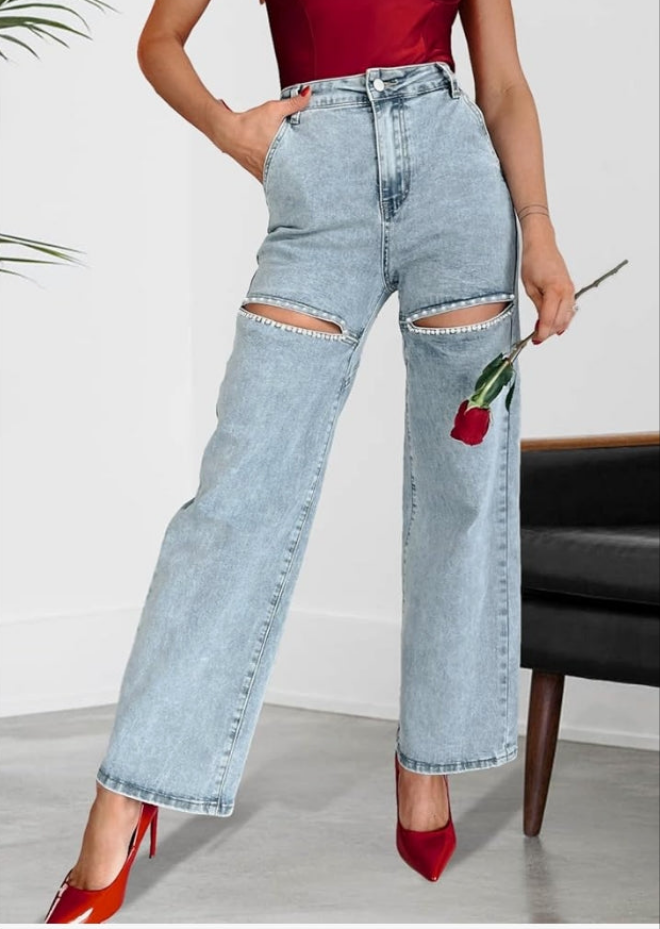 High Waist Denim Jeans Rhinestone Trim Bling Jeans Plus Size Denim Pants