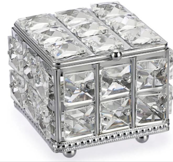 Crystal Jewelry Box - Square Decorative Trinket Organizer Box Sparkling Mirrored Jewelry Chest for Rings Earrings Keepsakes