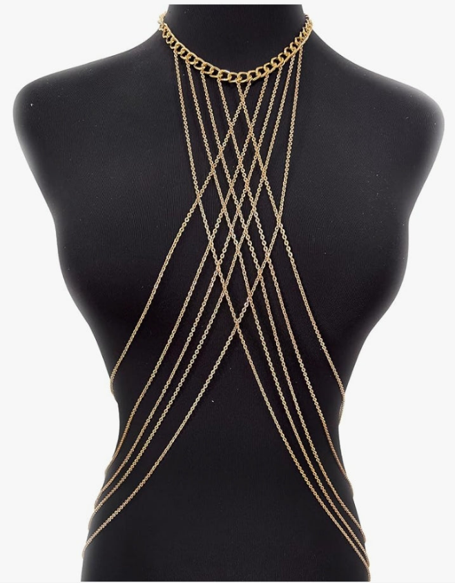 Harness Body Chain Sexy Layered Tassel Belly Waist Chain Necklace Boho Hot Bikini Nightclub Party Beach Body Jewelry for Women and Ladies Gold Tone