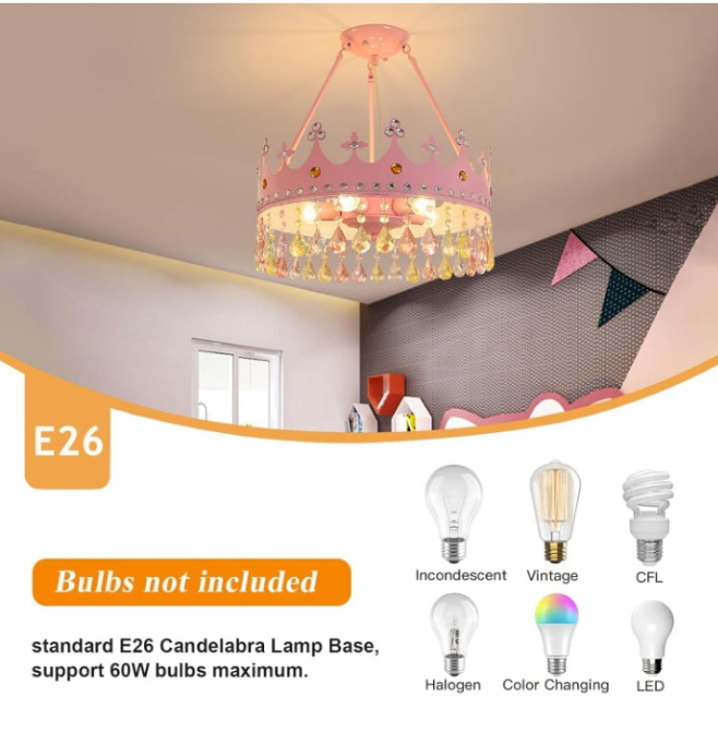 Mini Crystal Chandelier Crown Pink Chandelier Modern Round Elegant Crown Shape with Crystal Pendant Metal Lamp Body LED Ceiling Pendant Light Fixture