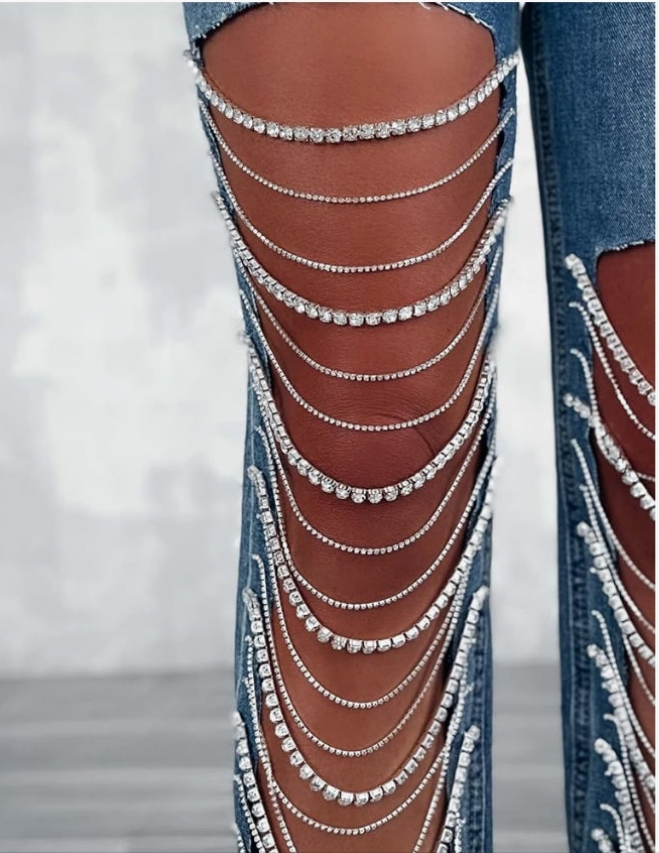 Sexy Ripped Distressed Destroyed Rhinestones Chain Party Clubwear Denim Pants Jeans