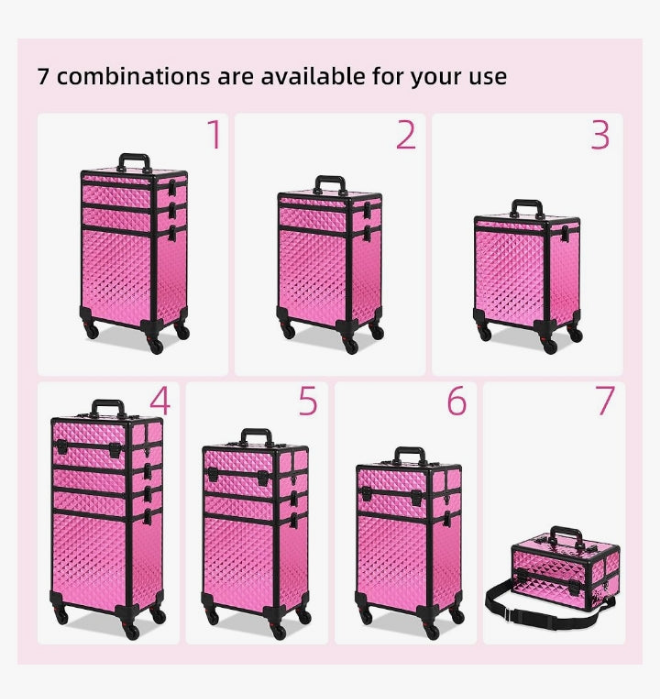 Rolling Makeup Case, Makeup Train Case with Lid, 5 in 1 Cosmetology Case on Wheels, Christmas Gift, Large Makeup Case Organizers, Profesional Cosmetic Case for Salon Barber,