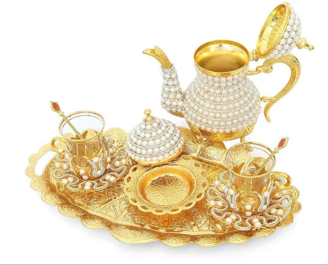 Luxurious Copper and Brass Elegant All in One Serving Set, Large Tea Pot, Decorated with Crystals and Pearls Resistant to High Temperatures (12 Pieces Serving Set)