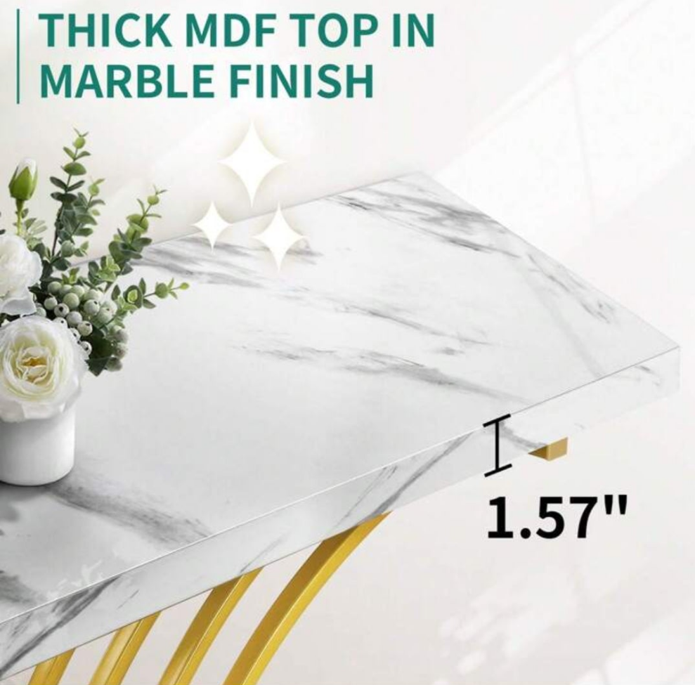 Accent Table, Versatile Console & Sofa Table With Faux Marble Top, Space-Saving Narrow Design For Entryway, Hallway, Or Living Room, White & Gold Marble stone