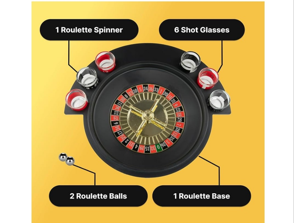 Shot Glass Roulette Drinking Game – 16-Piece Red/Black Set with 2 Metal Balls, Fun Adult Party Game for White Elephant, Game Nights, and Gifts