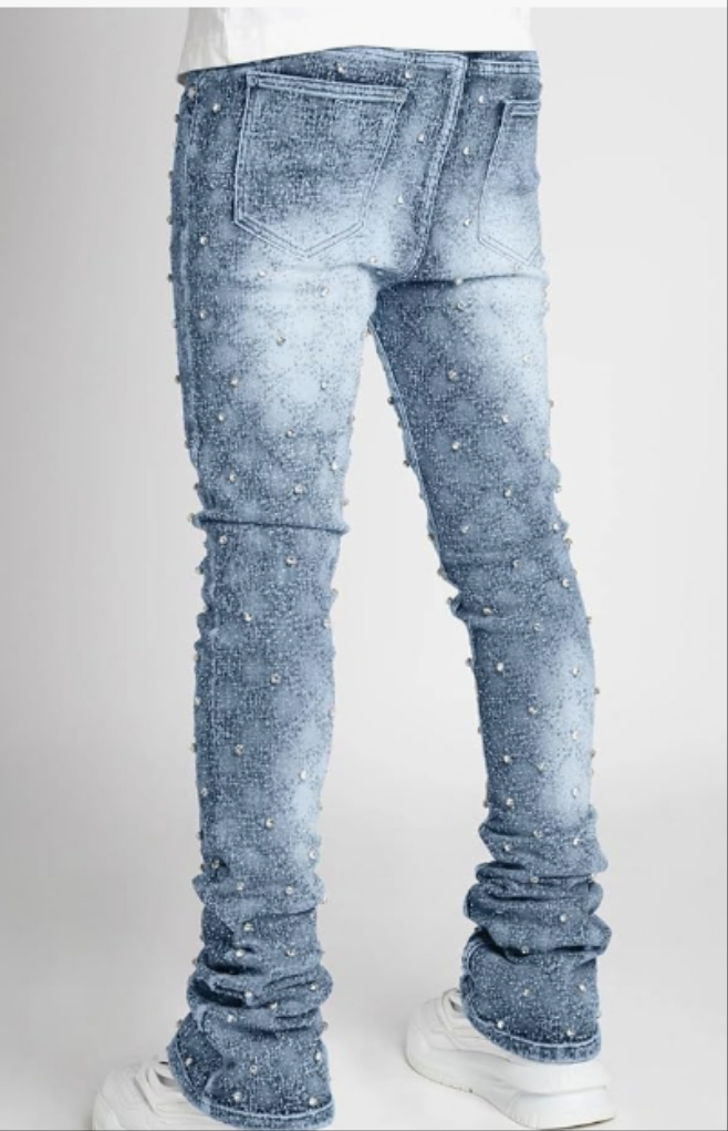 Stretch Fit Skinny Stacked Rhinestone Jeans Slim Fit Printed Y2K Denim Pants Trousers Streetwear
