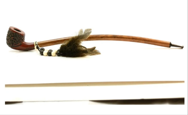 Extra Long 14" Stem Churchwarden Pipe - With Indian Spirit Feathers & Beads - Hand Made Wood Smoking Bowl - in Gift Box