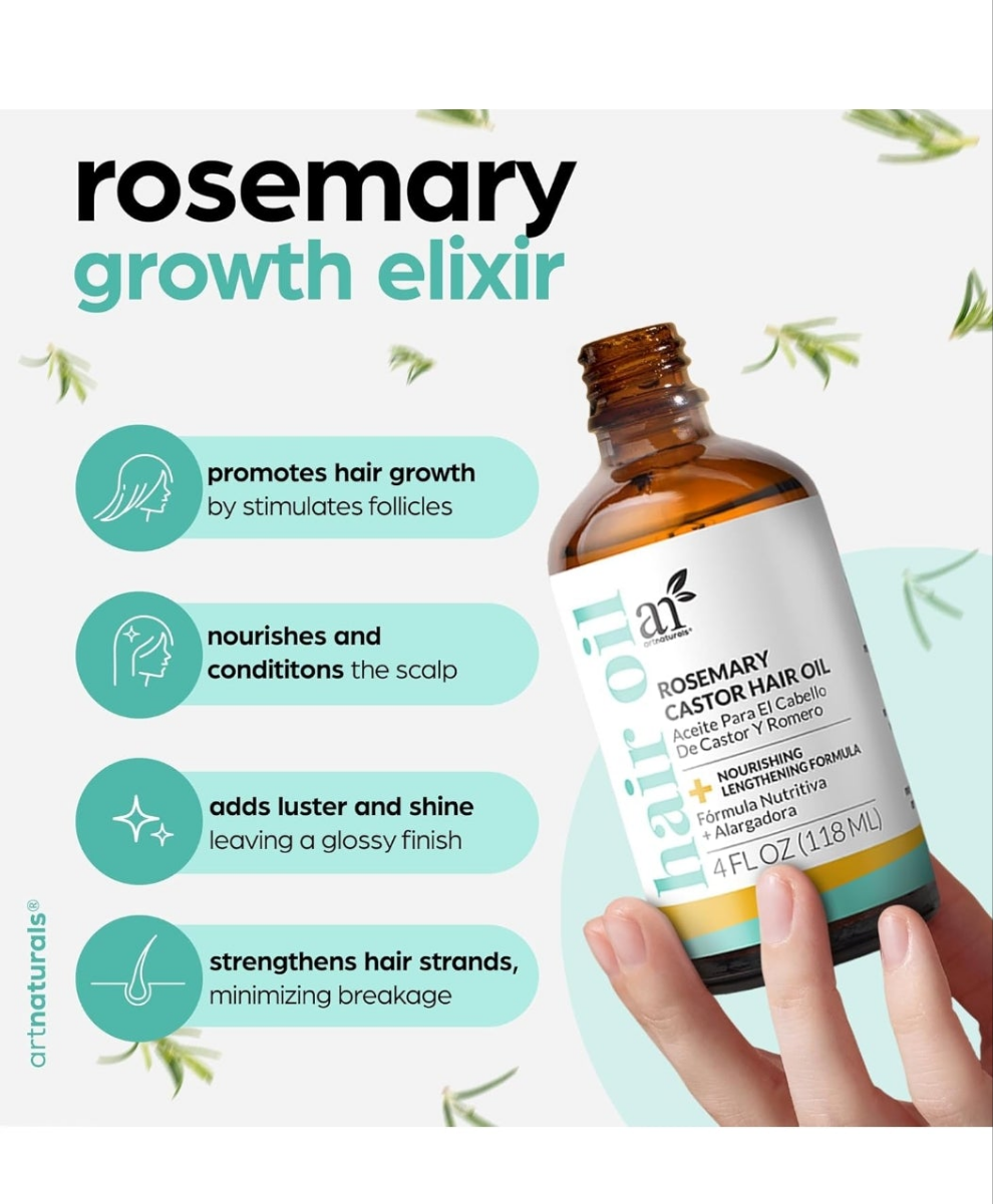Organic Rosemary & Castor Hair Growth Oil + Scalp Massager Set – Hair Styling Oils for Dry, Itchy Scalp, Thickening & Hydration - Scalp Oil Products For Damaged Hair & Split Ends – 4.0 oz
