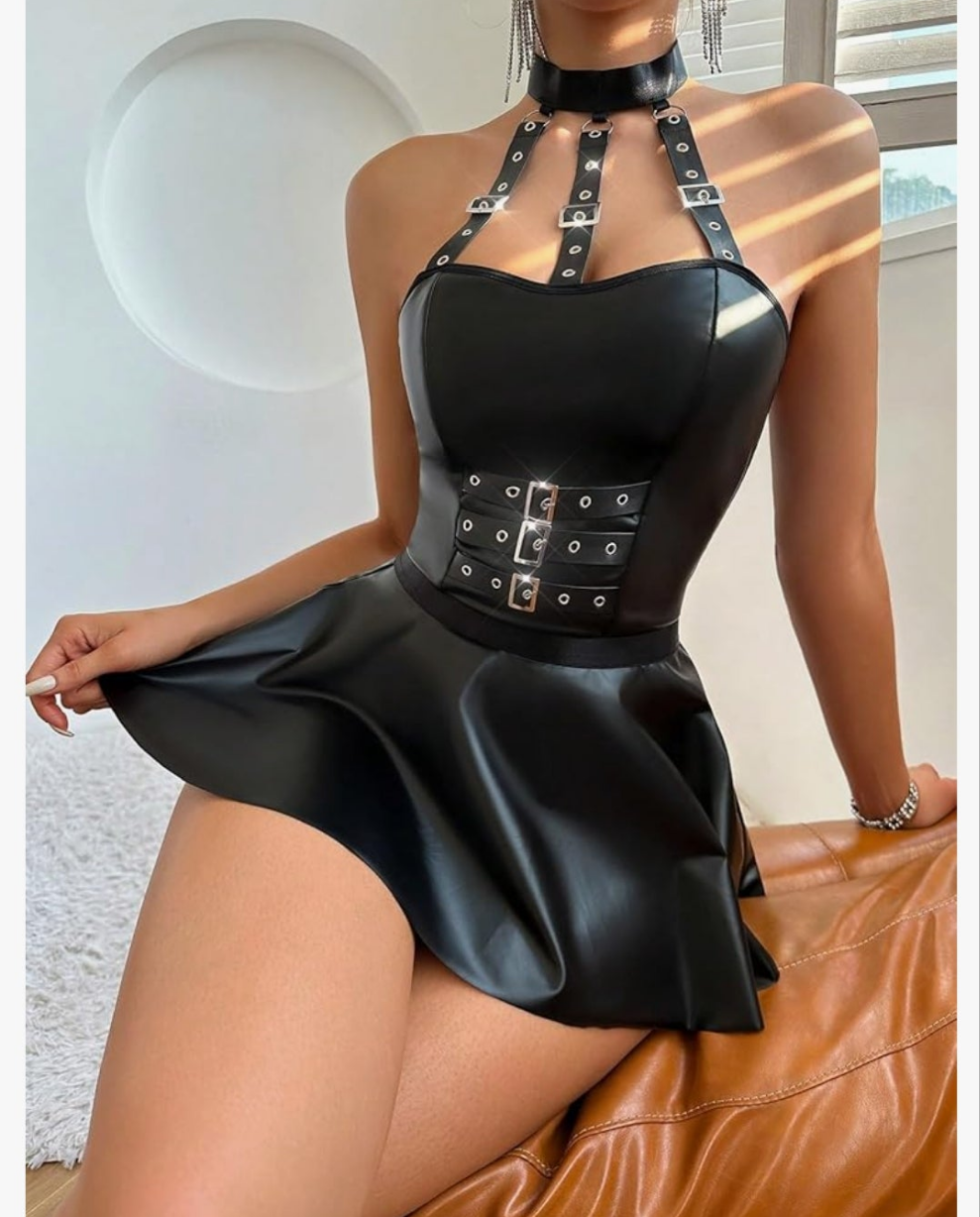Women's PU Leather Buckled Halter Backless Bralette and Skirt Lingerie Set COCOMONEY