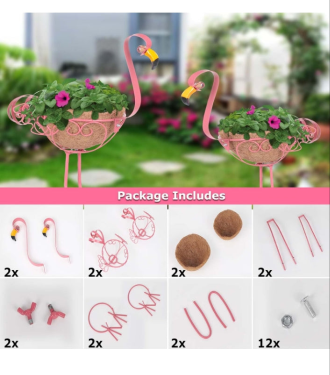 Set of 2 Pink Metal Flamingo Planters with Basket for Indoor Outdoor Garden Yard Decor