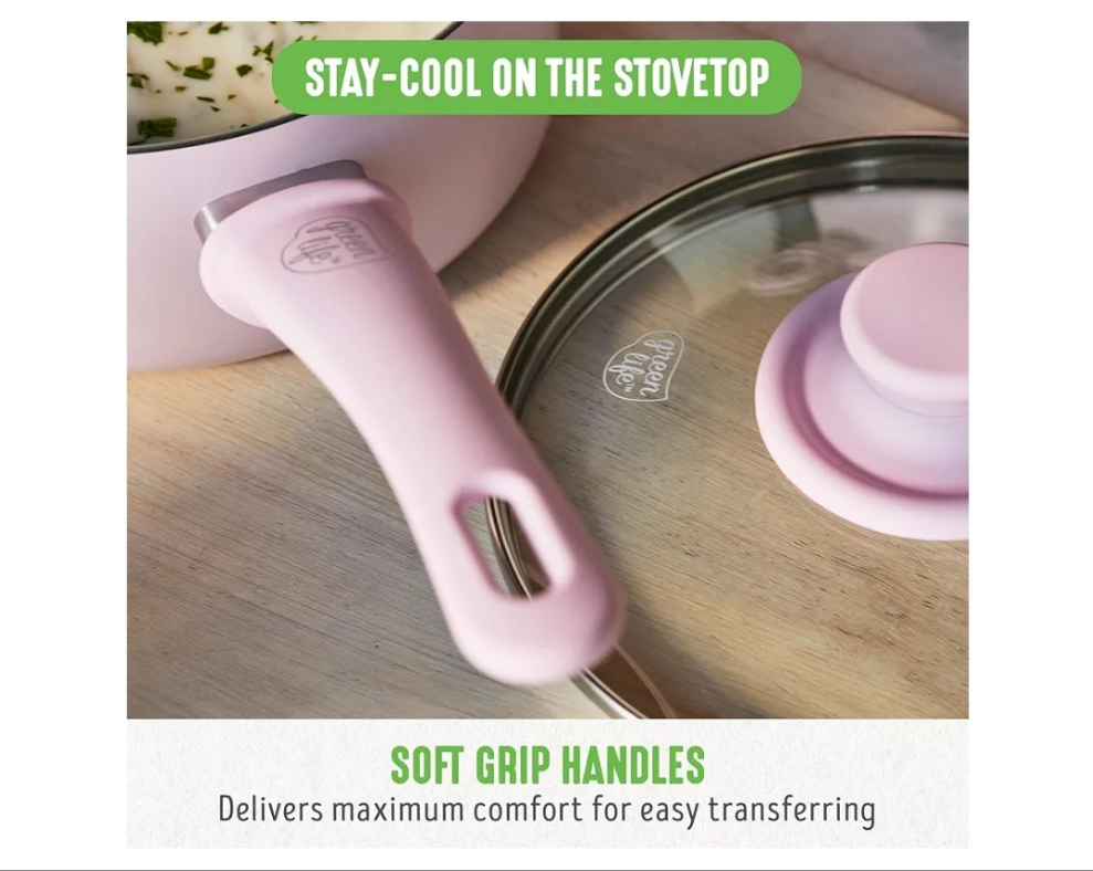 Soft Grip 16 Piece Cookware Set, Non-Toxic PFAS-Free Ceramic Nonstick, Frying, Sauce, Saute, Utensils, Glass Lids, Stay-Cool Handles, Wobble Free, Dishwasher & Oven Safe, Soft Pink