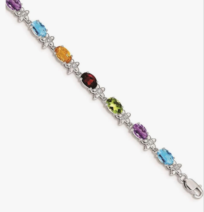 COCOMONEY 14k White Gold Rainbow Gemstone/Diamond Bracelet Fine Jewelry For Women Gifts For Her, 7"