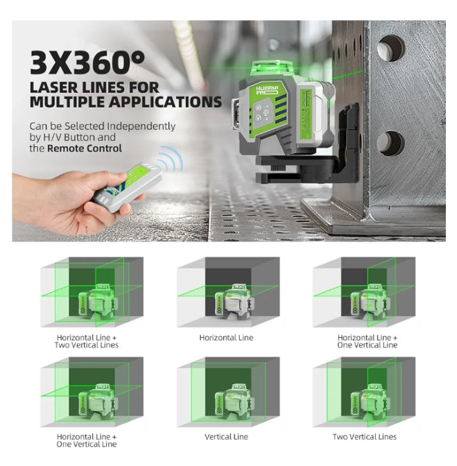 HueparPro Laser Level Self Leveling 3x360° 3D Green Cross Line Laser Level Tool for Construction and Picture Hanging, 8000mAh Rechargeable Battery, Remote Controller, Magnetic Stand & Hard Carry Case