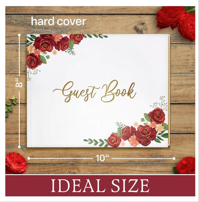 Wedding Guest Book, Guest Book Includes a Pen, Baby Shower Guest Book for Party a Thank You Card, Guest Book Wedding Reception Two Brazalet, Wedding Scrapbook Design of Red Roses