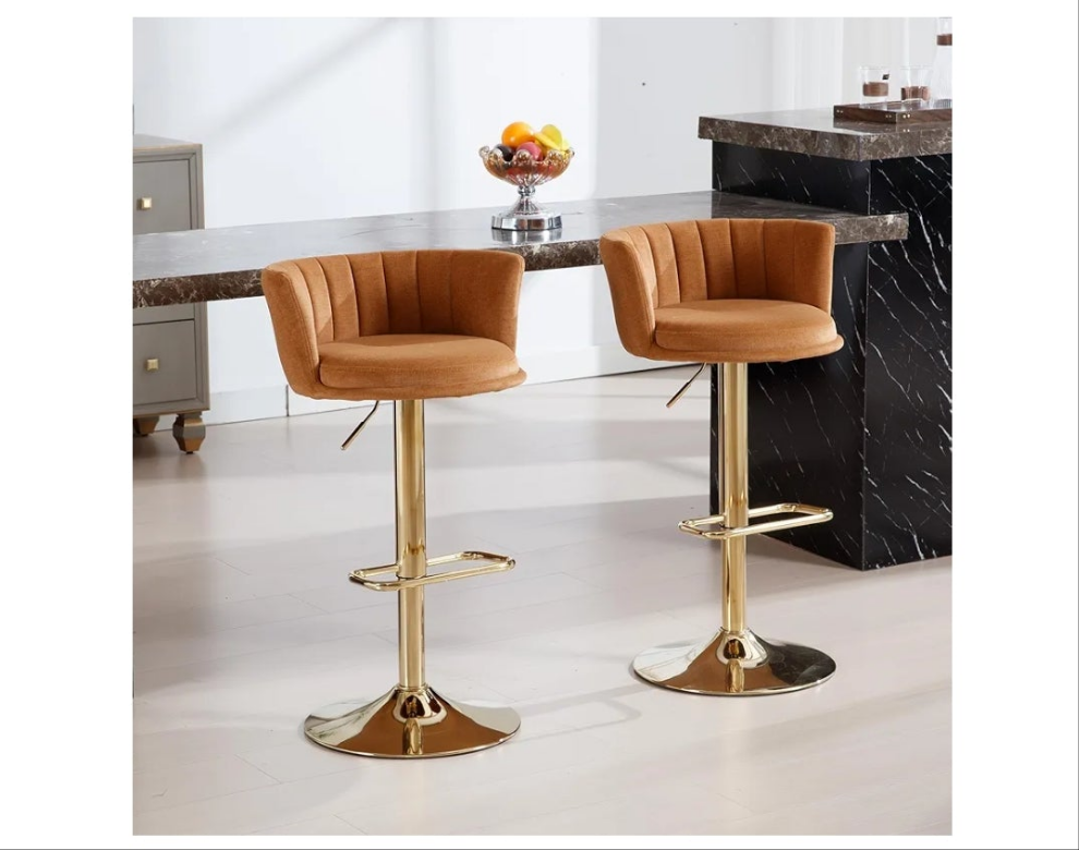 Swivel Bar Stools Set, Velvet Upholstered Bar stools with Golden Metal Adjustable Legs, Modern Barstools with Back for Kitchen, Dining Room, Counter,