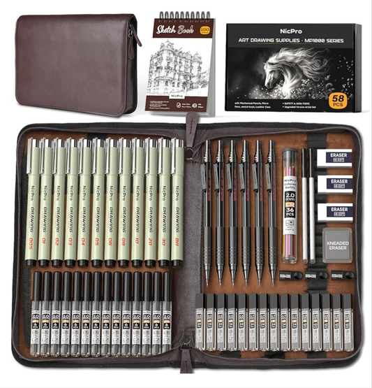 58PCS Art Drawing Supplies Kit in Leather Case, MP1000 Black Metal Mechanical Pencil Set with Drafting Pencil 0.5, 0.7, 0.9 & 2mm, 12 Micron Pen, Sketch Book, 30 Tube Lead Refills for Sketching