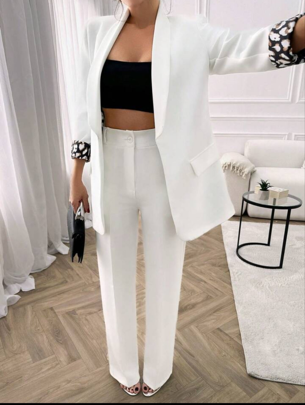 Two Pieces Blazer And Pant Sets Leopard Detailed