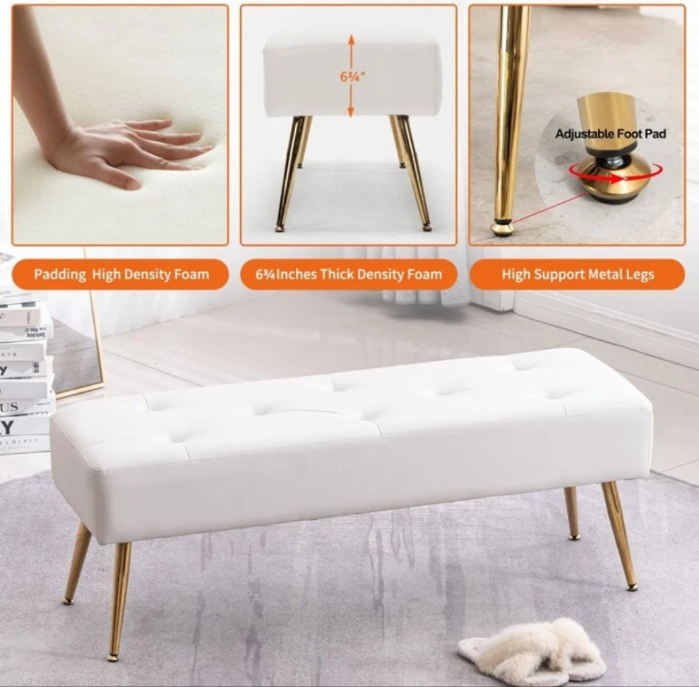 44.75" White PU Leather Ottoman Bench For Living Room Modern Button-Tufted Upholstered Bed Bench With Gold Legs Luxurious Vanity Bench For Makeup Room Entryway Fumahaus 44.75" White PU Leather Ottoman Bench For Living Room Modern Button-Tufted Up