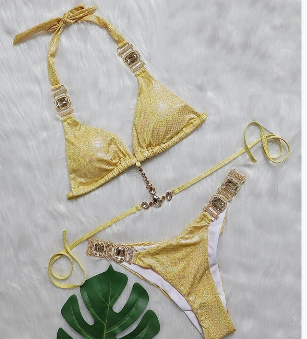 Sexy Two Piece Swimsuit Rhinestone Bikini Set Halter Triangle Bathing Suit Cocomoney