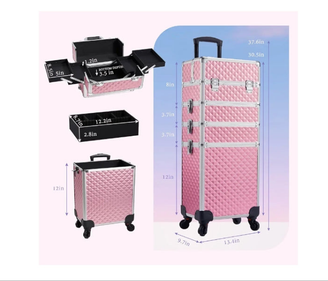 Rolling Makeup Train Case Large Storage Cosmetic Trolley 4 in 1 Large Capacity Trolley Makeup Travel Case with Key Swivel Wheels Salon Barber Case Traveling Cart Trunk