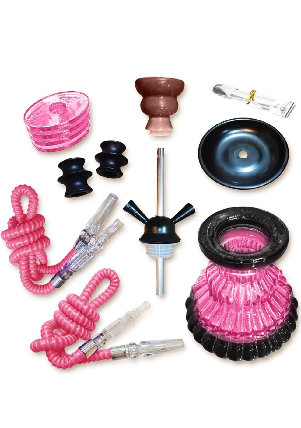 Hookah Set with 2 Hose 11" Premium Portable Mini Hookah Complete Set Hookah Glass Vase with 50 Disposable Tips, 50 Pre-Punched Aluminum Foil Coal Tong (hookah set with accessories)