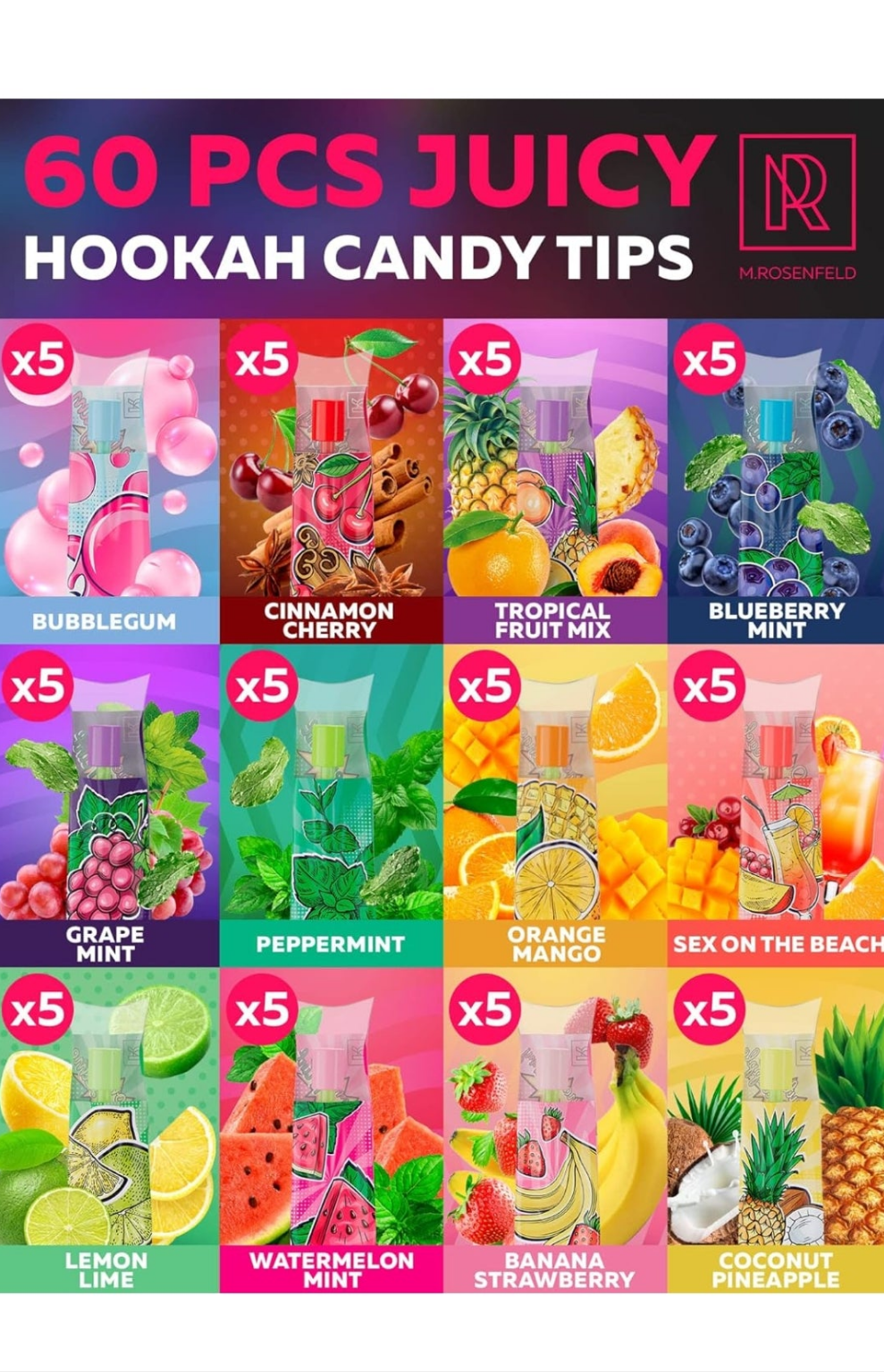 Candy Hookah Tips - 60 pcs Glow in The Dark Jolly Tips - Individually Wrapped Hookah Tips Lollipop Shisha Accessories - 5 x 12 Different Hookah Candy Tips Delicious Flavors - Hookah Tips